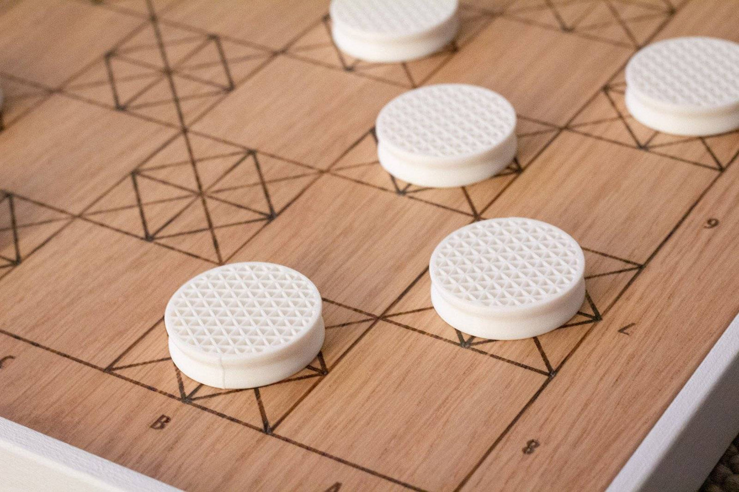 White Oak and Walnut Handmade Modern Geometric Checkers/Draughts with 3D Printed Pieces