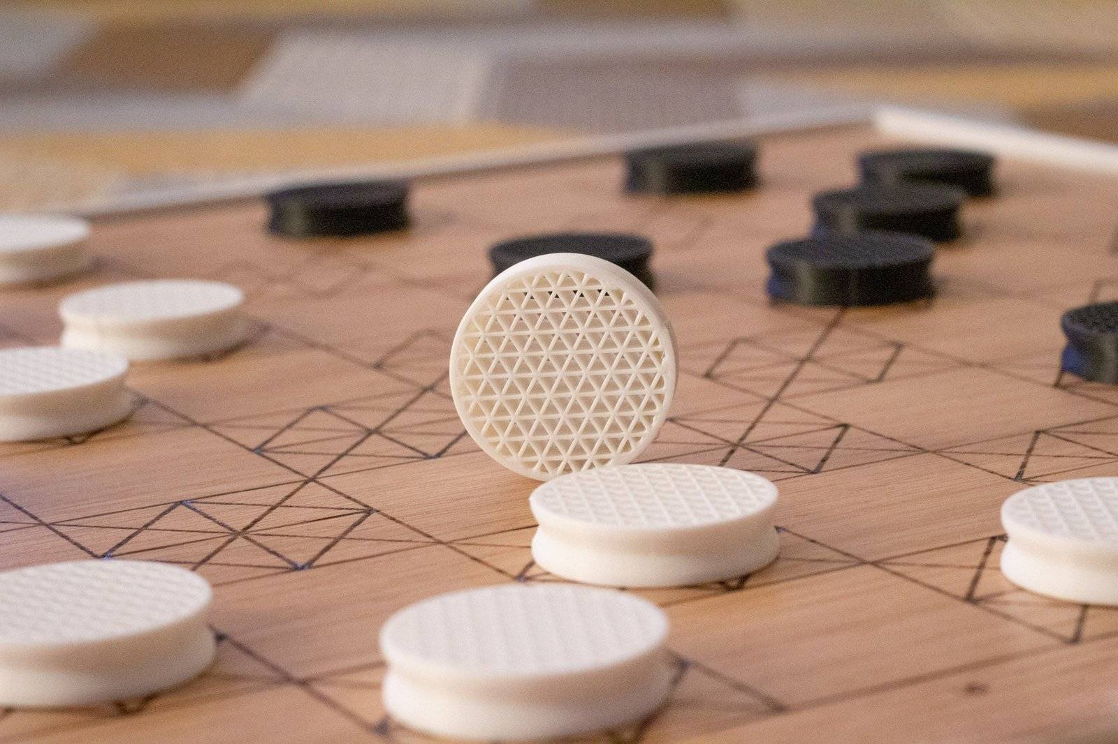 White Oak and Walnut Handmade Modern Geometric Checkers/Draughts with 3D Printed Pieces