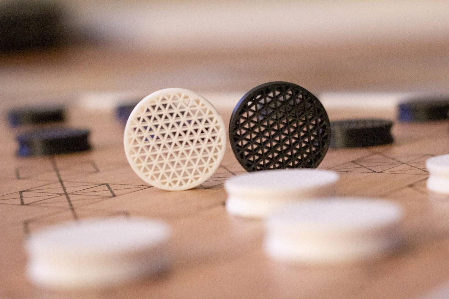 White Oak and Walnut Handmade Modern Geometric Checkers/Draughts with 3D Printed Pieces