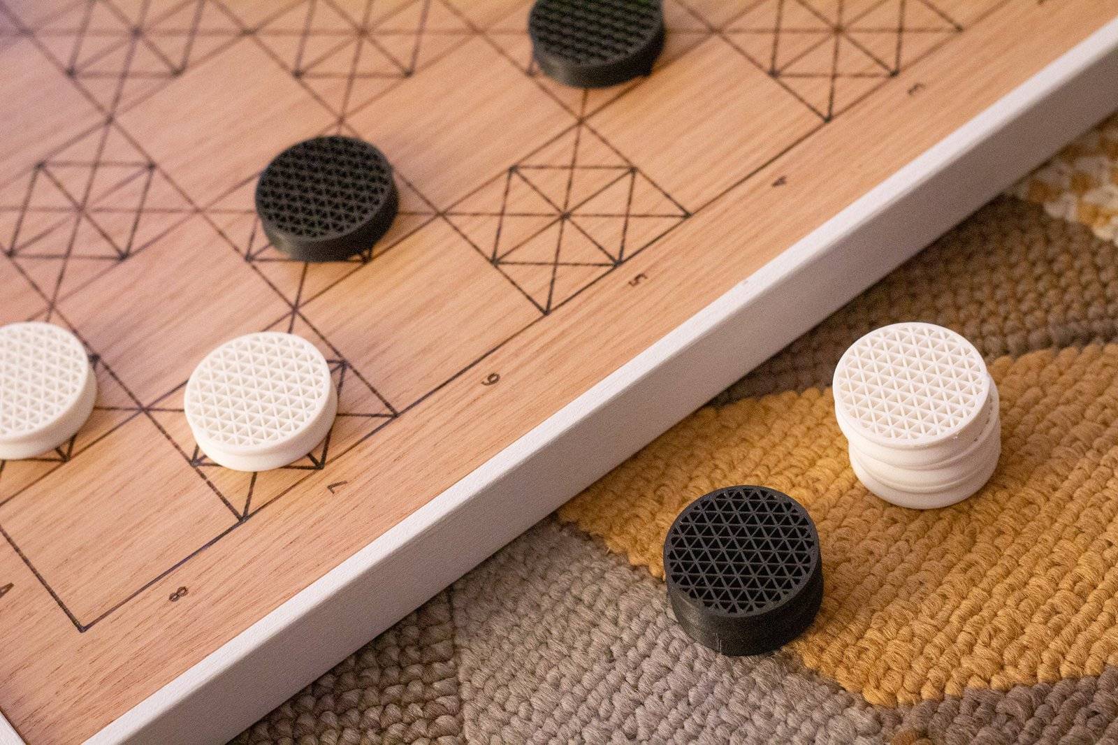 White Oak and Walnut Handmade Modern Geometric Checkers/Draughts with 3D Printed Pieces