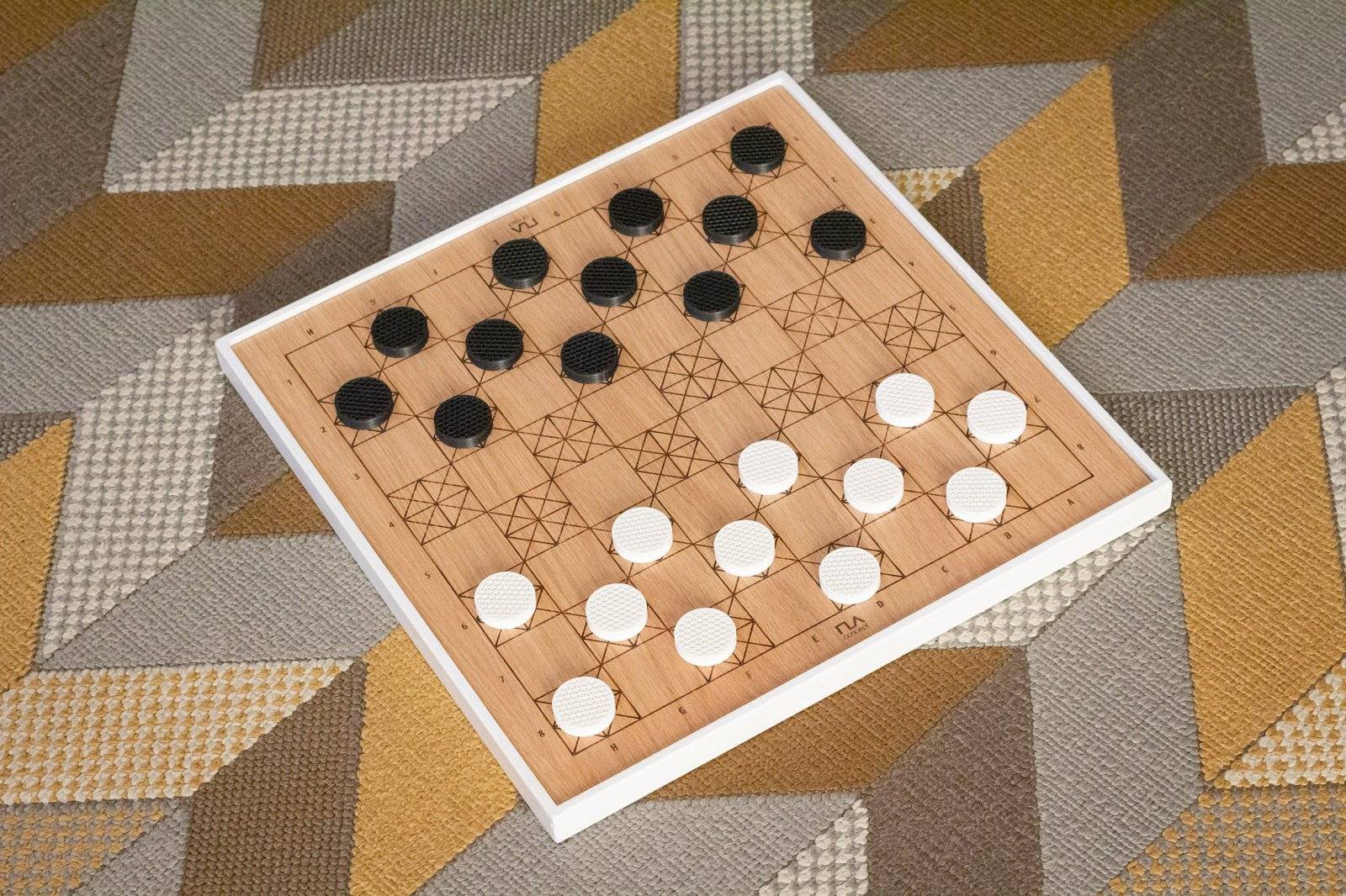 White Oak and Walnut Handmade Modern Geometric Checkers/Draughts with 3D Printed Pieces