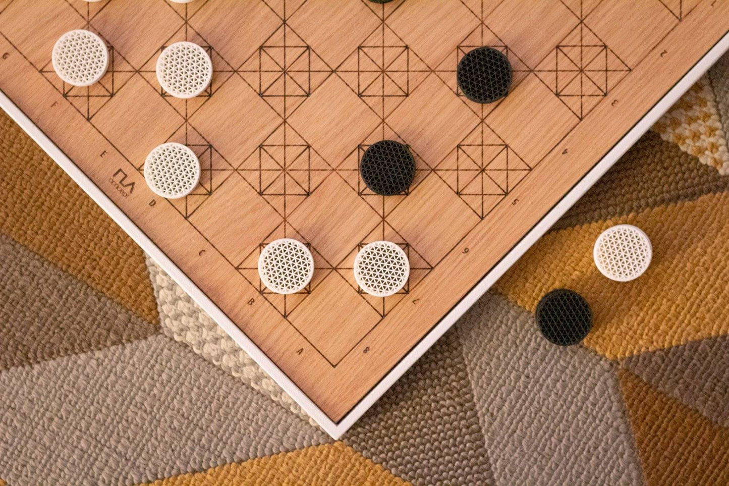 White Oak and Walnut Handmade Modern Geometric Checkers/Draughts with 3D Printed Pieces